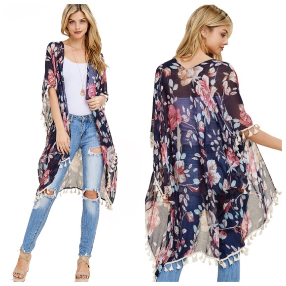 Tops - ❤️LAST NEW Navy Tassel Trim kimono cover up